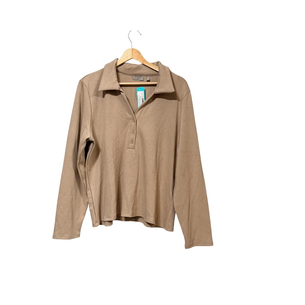 Evolution by Cyrus Milano Collared Knit Top Tan Camel XXL New NWT Long Sleeve